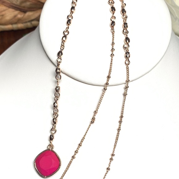 Aurora Borealis Vintage Rose Gold Tone Chain Lariat Necklace w/Matte Pink Stone. - Picture 11 of 11